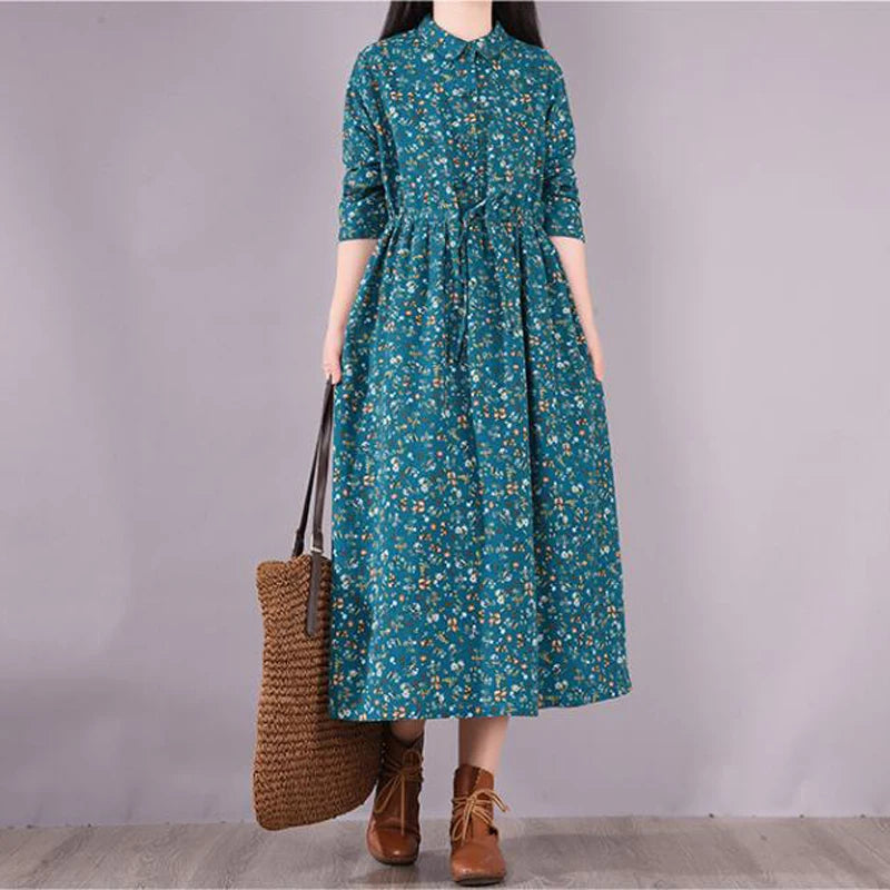 NYFS 2025 Spring  Autumn New Vintage Woman Dress Loose Vintage Waist Tie Dresses Vestido De Mulher Robe Small Floral Long Dress