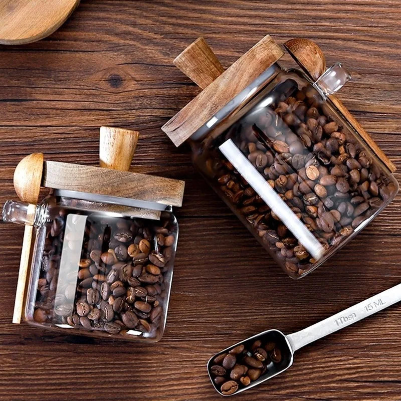 Kitchen Glass Jars with Wooden Lids and Scoop, Airtight Food Storage Containers for Sugar Coffee Bean Candy Spice Bath Salt