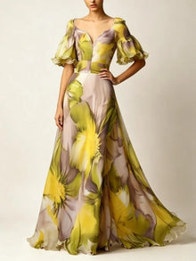 Women Floral Chiffon Maxi Dress Deep V Neck Ruffle Short Sleeve Long Dresses Elegant Wedding Guest Evening Party Formal Gown