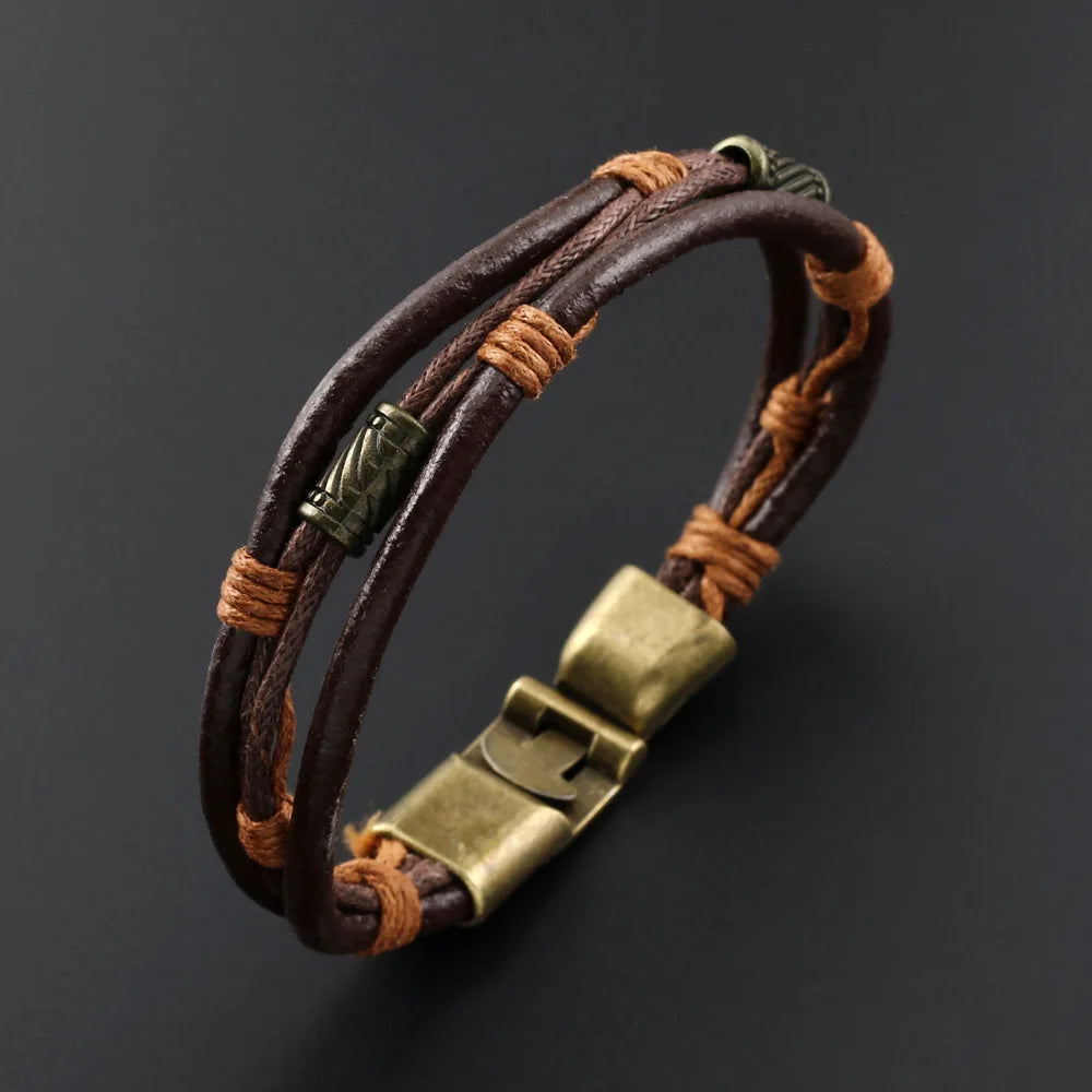 Bracelet Men's Genuine Cowhide Hemp Rope Stainless Steel Alloy Bracelet Fashionable Vintage Bracelet Factory Direct Sales