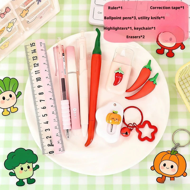 New Product Set: Creative Series of Cute Stationery Sets with Vegetables and Fruits, Including Gel Pens, Rulers, Eraser Keychains, Utility Knives, Cutting Scissors, High-Quality Study Supplies, Student Reward Gifts, DIY Journ