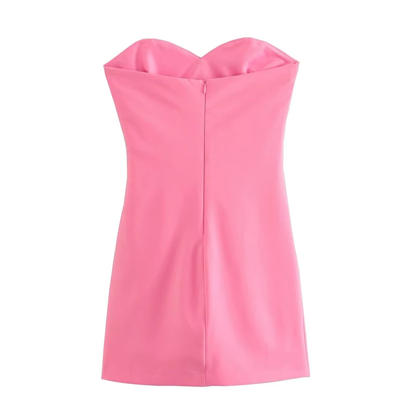 YENKYE New Fashion Women Pink Ruched Strapless Dress Sleeveless Back Zipper Female Party Mini Sexy Vestidos