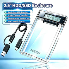 USB 3.0 2.5" HDD/SSD Enclosure Transparent SATA Hard Drive Case with Smart Display Real-Time Hard Disk Health Monitoring
