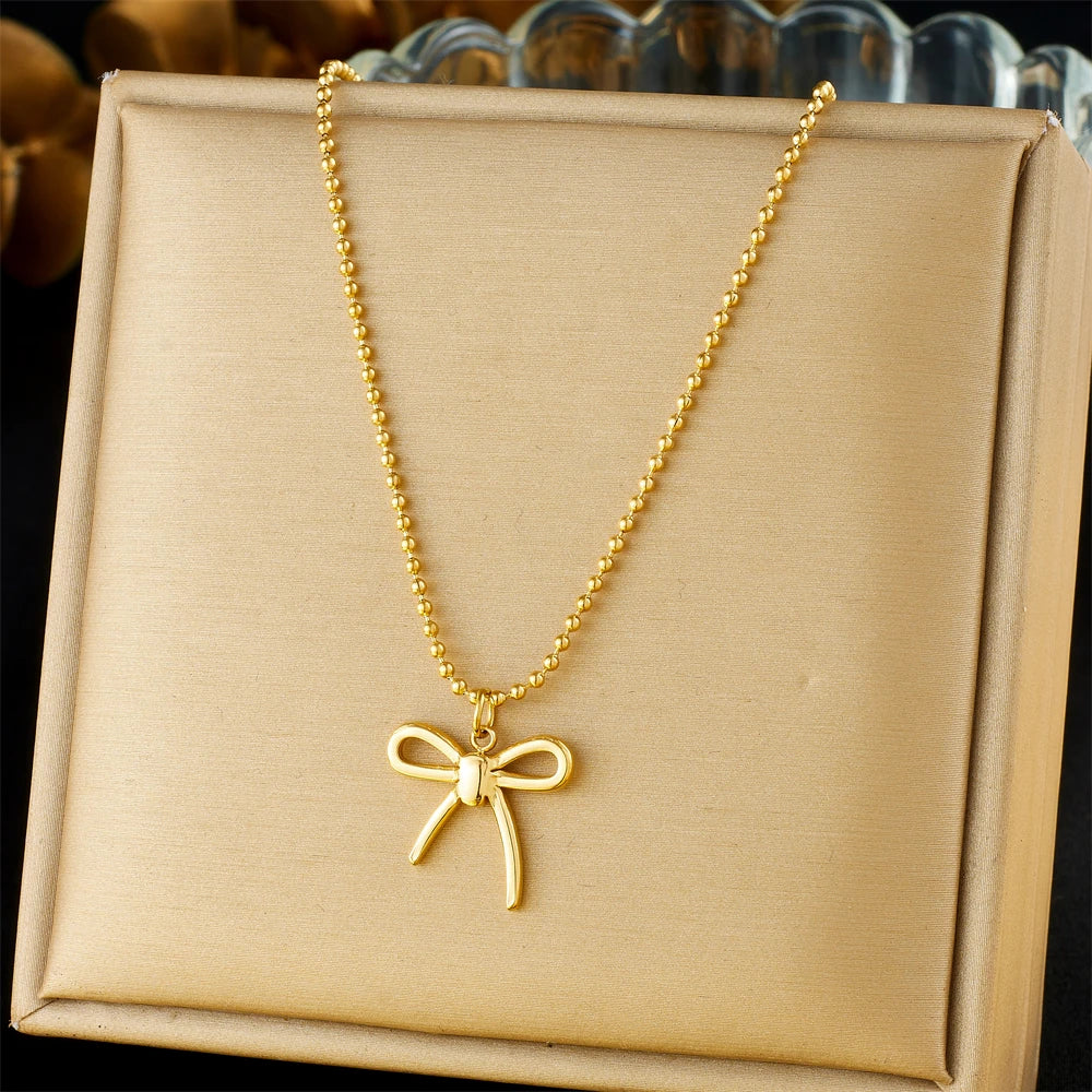 LAMENGLY 316L Stainless Steel Simple Style Bowknot Heart Pearl Geometry Pendant Necklace For Women Elegant Trend Neck Chain Gift
