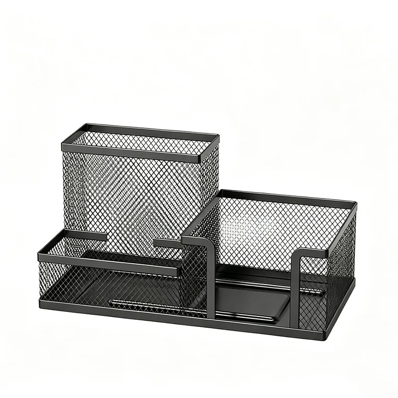 Mesh Desk Organizer Office Supplies Caddy with Pencil Holder and Storage Baskets for Desktop Accessories, 3 Compartments, Black