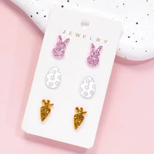 3pcs Set, Easter Acrylic Fine Glitter Pink Silvery Rose Golden Bunny Stud Earrings