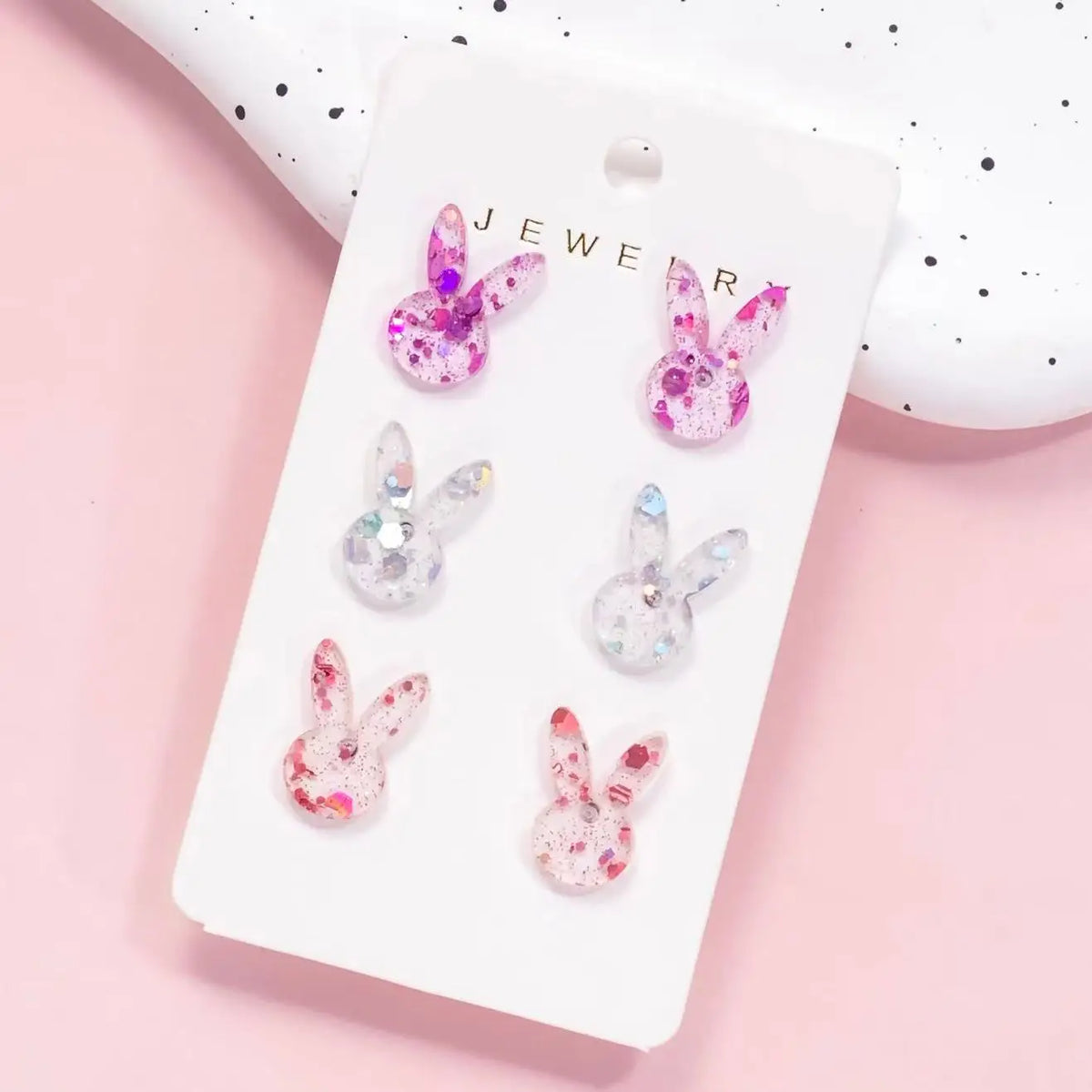 3pcs Set, Easter Acrylic Fine Glitter Pink Silvery Rose Golden Bunny Stud Earrings