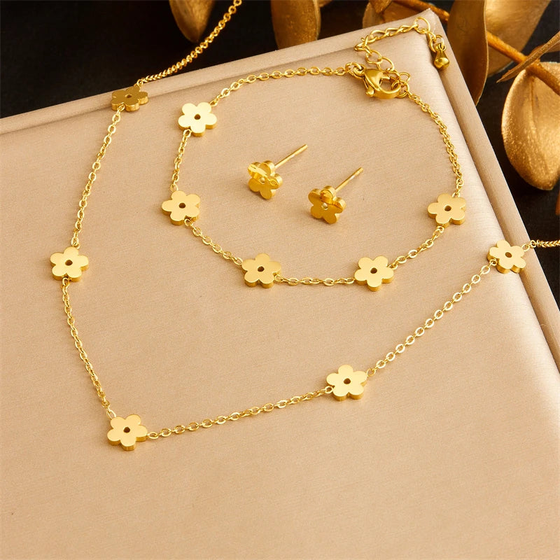 DIEYURO 316L Stainless Steel Pearl Butterfly Flowers Necklace Bracelet Earrings Suit Women New Trend Non-fading Jewelry Set Gift
