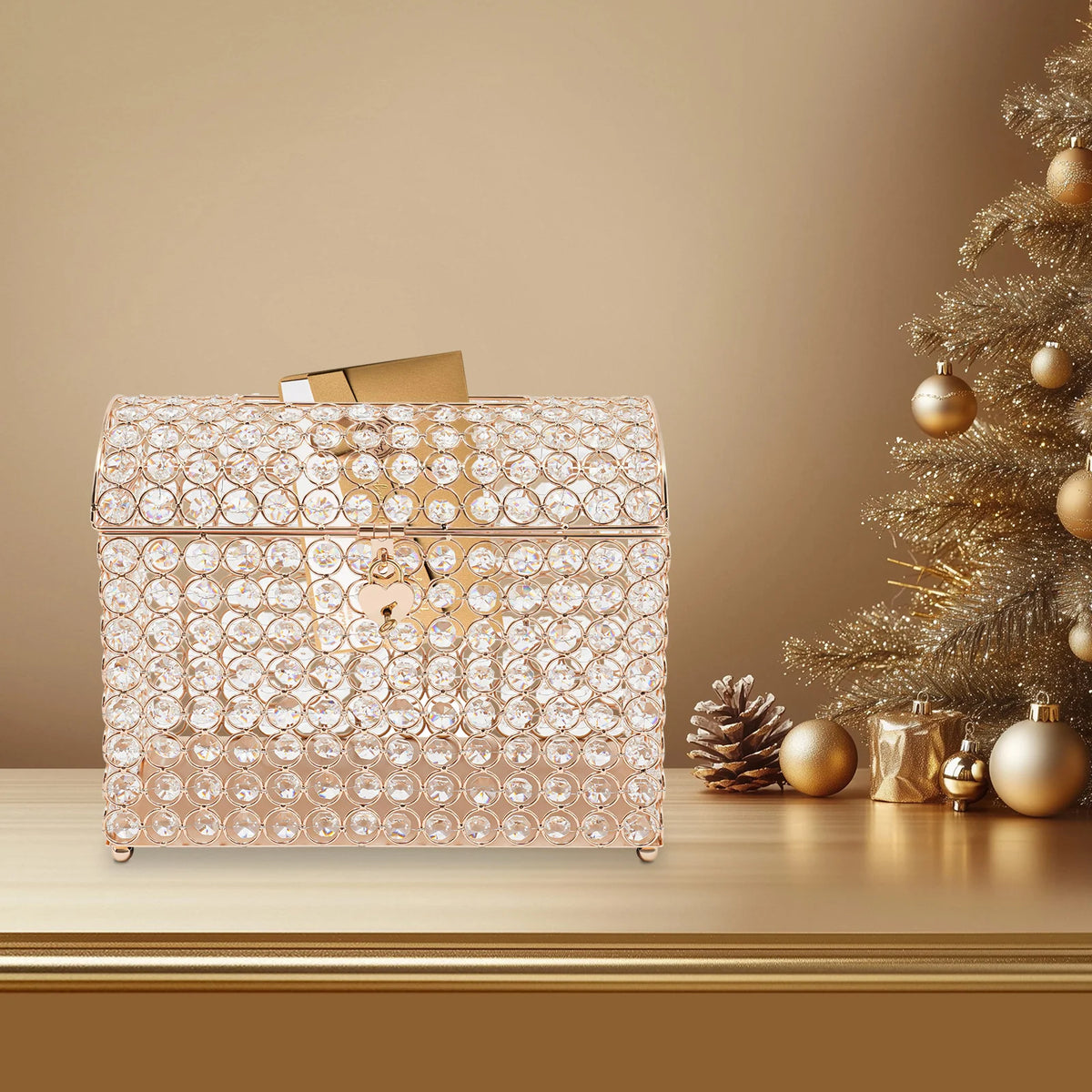 Wedding Card Box with Heart Lock, Clear Acrylic Money Gift Box Gold, for Reception Birthday Party Decor