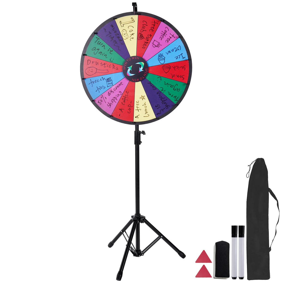 SucceBuy 18 Inch Tabletop Color Prize Wheel w/ Folding Tripod Floor Stand 14 Slots Dry Erase for Win Fortune Spinning Stand Game