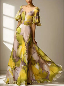 Women Floral Chiffon Maxi Dress Deep V Neck Ruffle Short Sleeve Long Dresses Elegant Wedding Guest Evening Party Formal Gown