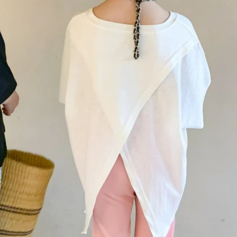 Girls T-shirt Children's Fashion T-shirt 2025 Summer New Style Back Fork Design T-shirt Baby Fashion Casual Short Sleeve Top