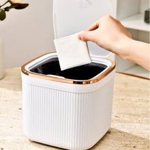 Square Press Type Mini Trash Can Quiet Close Elegant Ribbed Design with Golden Accents Plastic Desktop Bin Bathroom Home Use