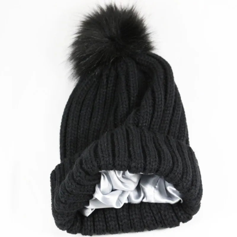 Women Winter Thicken Satin Lining Beanie Soft Faux Fur Pom Pom Hats For Women Men Outdoor Warm Protect Hair Crochet Skullies Cap