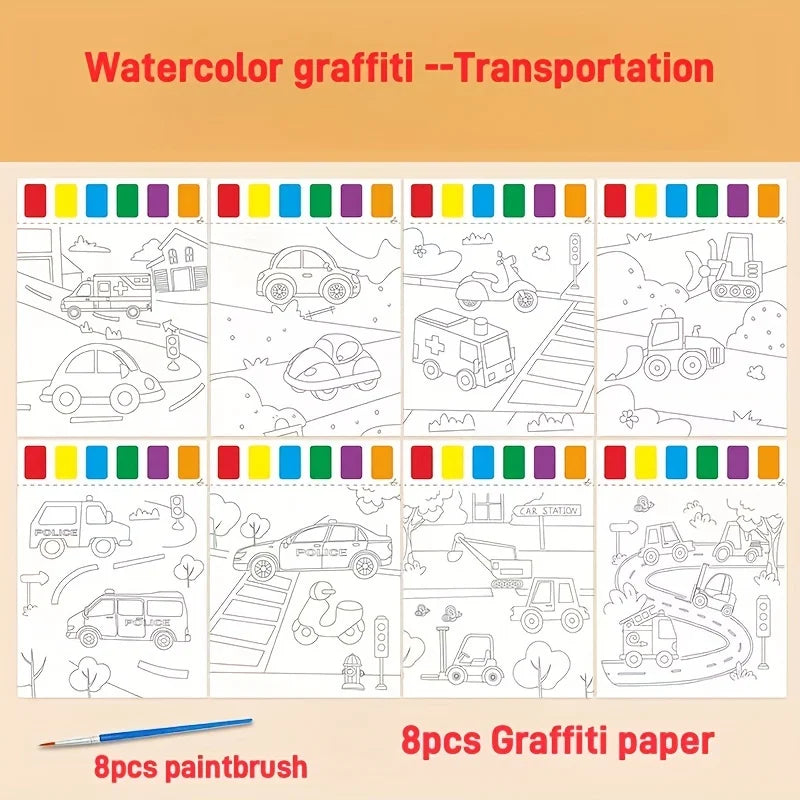 A Set of Art Tools, Including 8 Pieces of Art Paper, 8 Brushes,and 6 Colors of Paint,Suitable for Students and DIY Handmade Sets