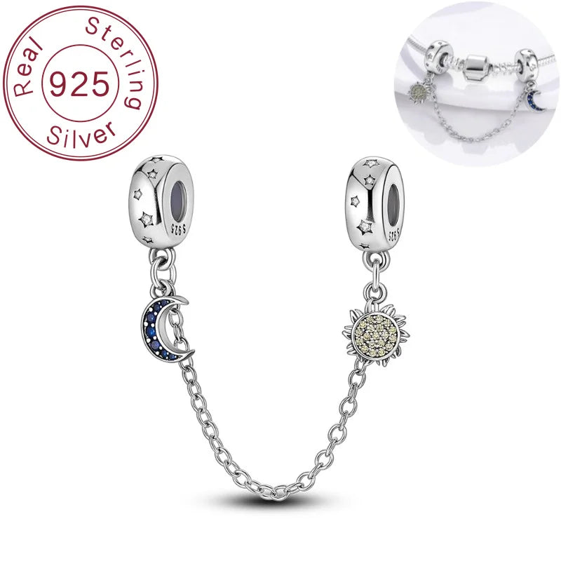 Hot Selling 925 Sterling Silver Charm Star Moon Safety Chain Suitable for Original Bracelets, Necklaces, Jewelry Gifts