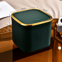 Square Press Type Mini Trash Can Quiet Close Elegant Ribbed Design with Golden Accents Plastic Desktop Bin Bathroom Home Use
