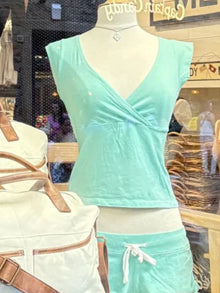Mint Green V-neck Sleeveless T-shirts Women Summer Simple Fairy Style Slim Cotton Crop Tops Vintage Sweet Preppy Style Vests Y2K