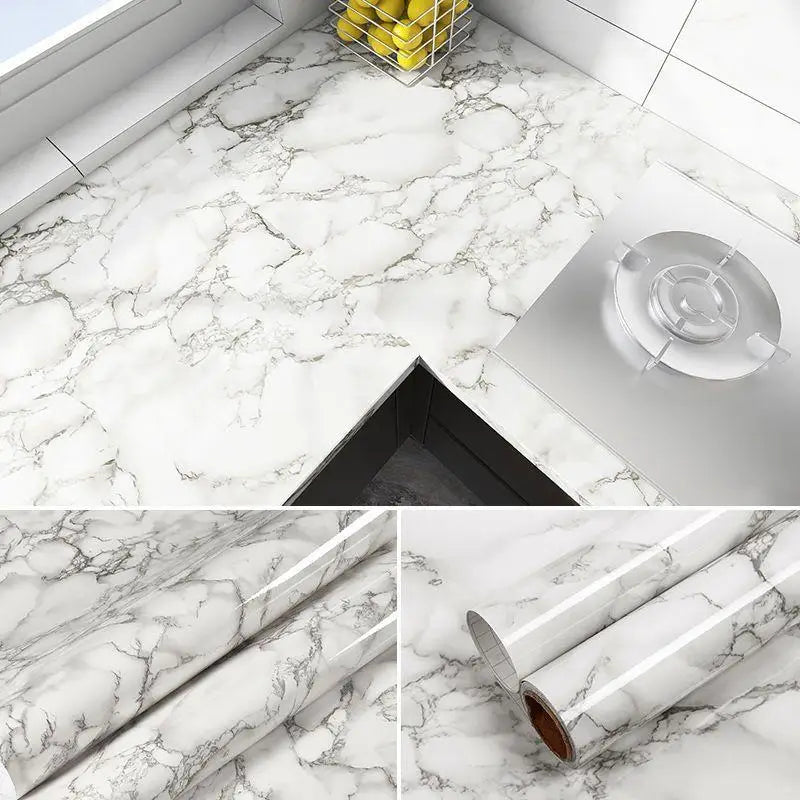 40cm Marble Waterproof Oil Resistant Mildew Proof Self-Adhesive PVC Wall Sticker for Cabinets Kitchen Countertops Wallpaper