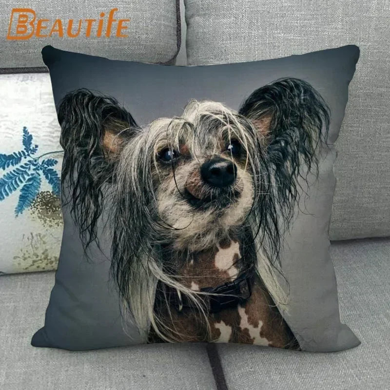 Custom Chinese Crested Dog Pillowcase 45X45cm Wedding Decorative Eco-Friendly Cotton Linen Fabric Pillow Case