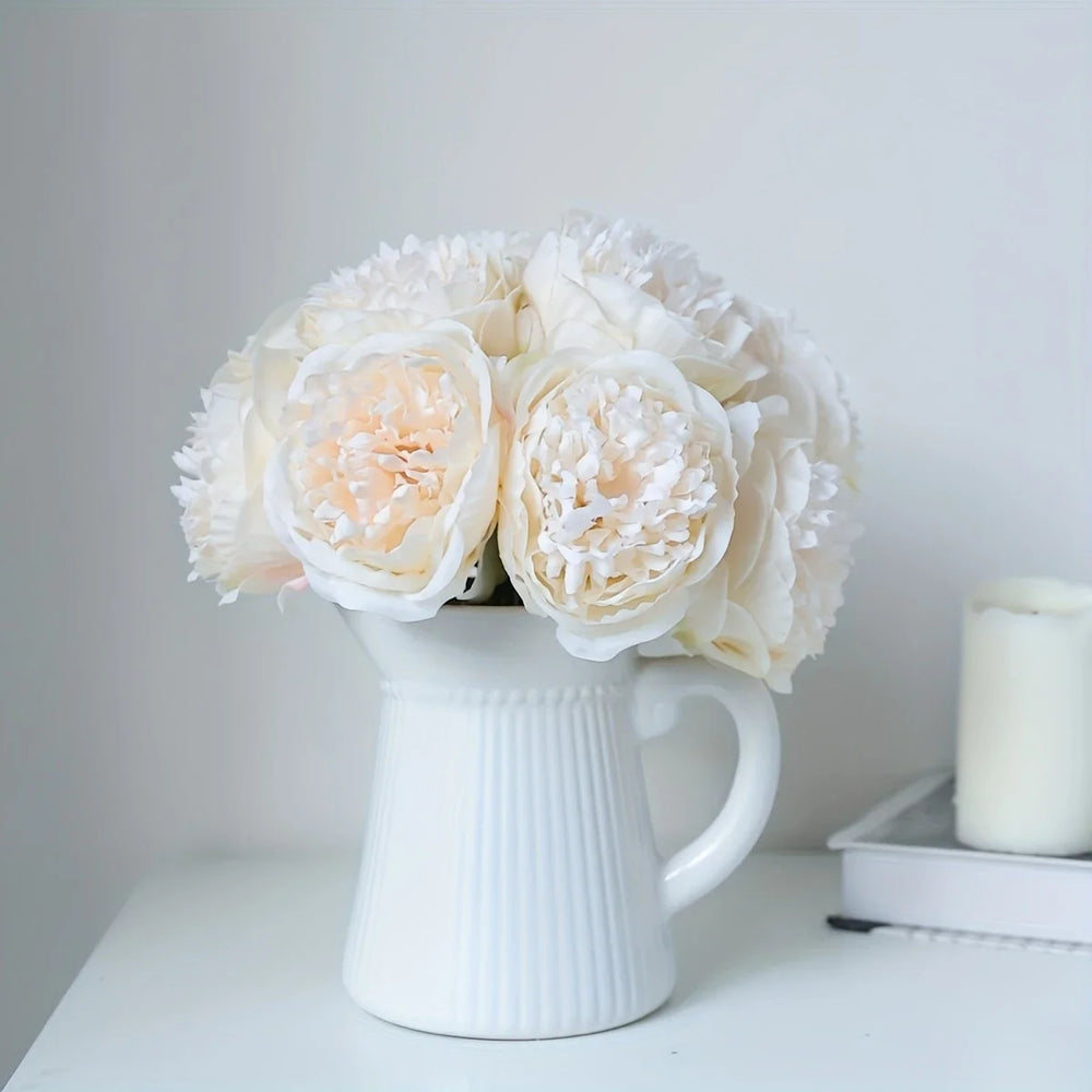 YO CHO 5pc Big Peony Artifcial Silk Flower Wedding Bouquet Decor White Peony Home Display Fake Flower Pack Heart Peony Pink Rose