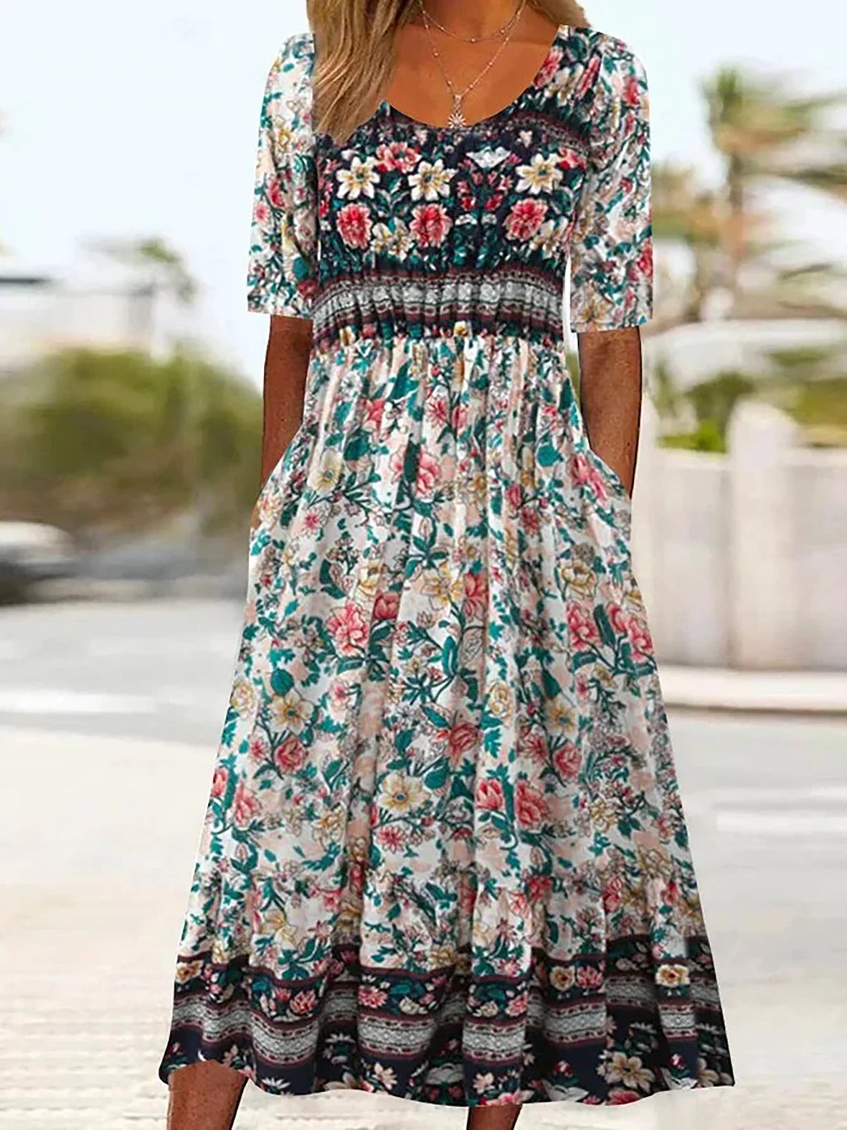 2025 summer new women's Bohemia loose fashion print round neck short sleeve long dress