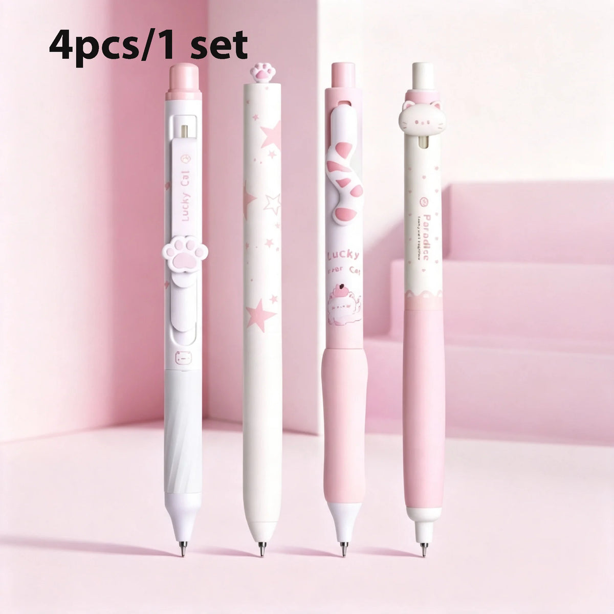 4/8Pcs Kawaii Lucky Cat Gel Pen Set Cute 3D Cat Paw Tail Decor Retractable Twist Pen 0.5mm Black Ink Student Writing Stationery