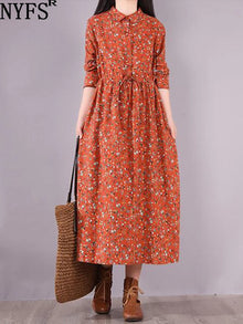 NYFS 2025 Spring  Autumn New Vintage Woman Dress Loose Vintage Waist Tie Dresses Vestido De Mulher Robe Small Floral Long Dress