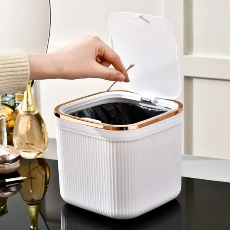 Square Press Type Mini Trash Can Quiet Close Elegant Ribbed Design with Golden Accents Plastic Desktop Bin Bathroom Home Use