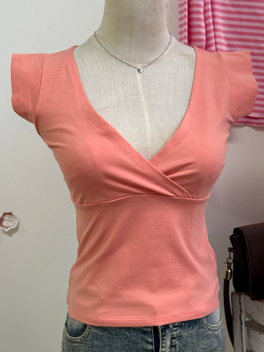 Mint Green V-neck Sleeveless T-shirts Women Summer Simple Fairy Style Slim Cotton Crop Tops Vintage Sweet Preppy Style Vests Y2K