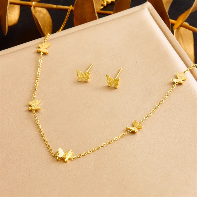 MEYRROYU 316L Stainless Steel Golden Frosted Butterfly Necklace Earrings For Women 2024 New Trend Fashion Jewelry Set Party Gift