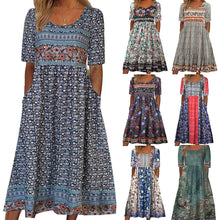 2025 summer new women's Bohemia loose fashion print round neck short sleeve long dress