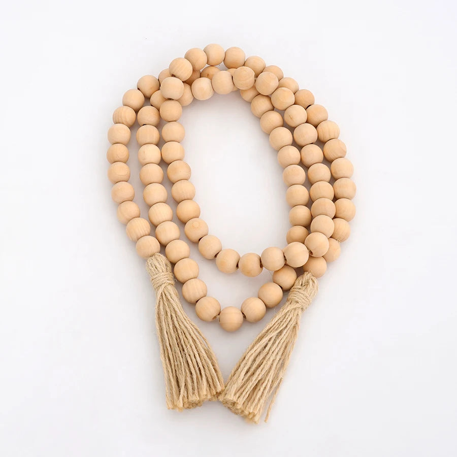 Natural Wood Bead Garland with Tassels, Boho Farmhouse Home Decor, Rustic Wooden Beads String for Wall Table Decor