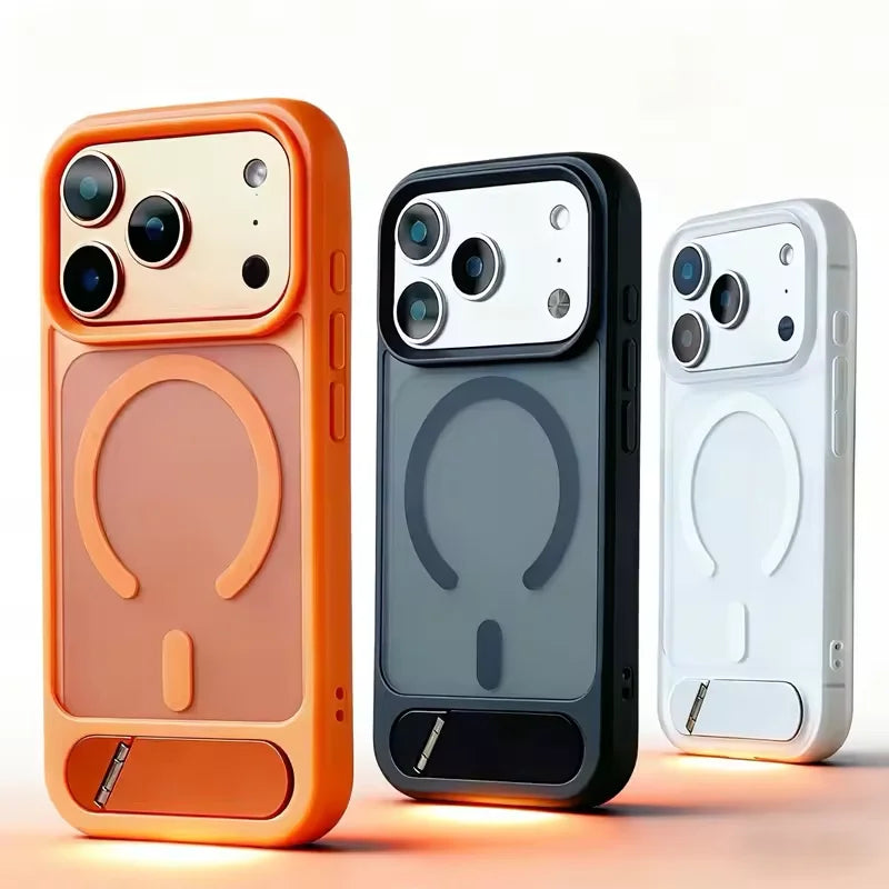 Luxury Alloy Bracket for MagSafe Phone Case for IPhone 17 Pro Max 15 14 16 Pro Magnetic Wireless Charging Shockproof Pc Cover