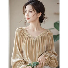 2024 Early Autumn New Temperament Unique Commuter Versatile Chic Solid Color Extravagant Noble Velvet Long-sleeved Blouse
