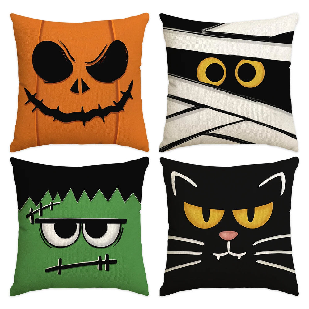 1/4pcs Halloween pillowcase, Halloween orange fun emoji cushion cover, decorative sofa, living room, bedroom cushion cover