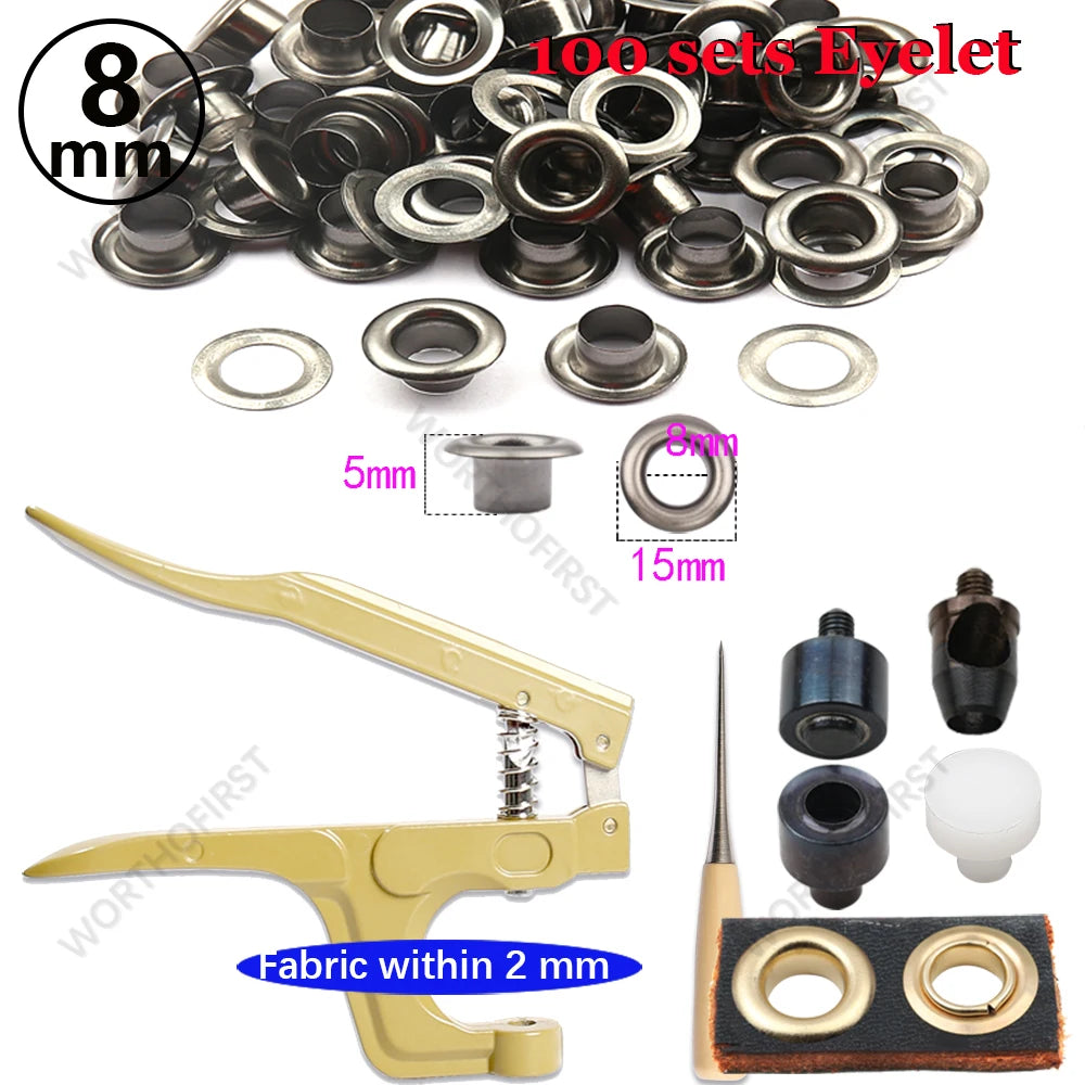 5/8mm Brass Eyelets with Multifunctional Pliers Kit Leather Grommet Round Eye Rings for Shoes Bag Belt Scrapbooking
