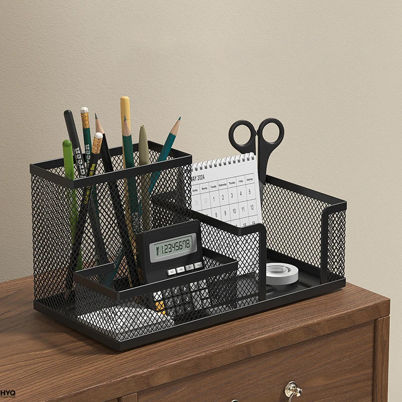 Mesh Desk Organizer Office Supplies Caddy with Pencil Holder and Storage Baskets for Desktop Accessories, 3 Compartments, Black