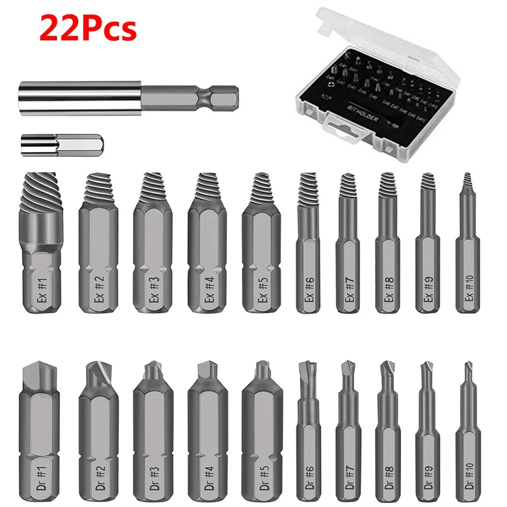 Screw Extractor Set 22pc S2 Steel Damaged Stripped Screw Remover Kit with Drill Bits and Case for Broken Bolts