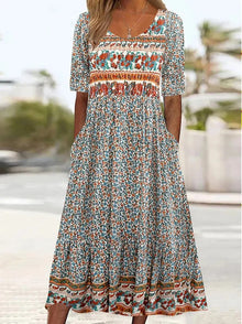 2025 summer new women's Bohemia loose fashion print round neck short sleeve long dress