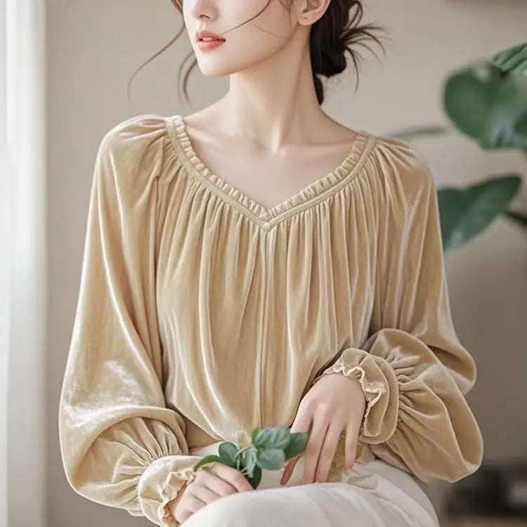 2024 Early Autumn New Temperament Unique Commuter Versatile Chic Solid Color Extravagant Noble Velvet Long-sleeved Blouse