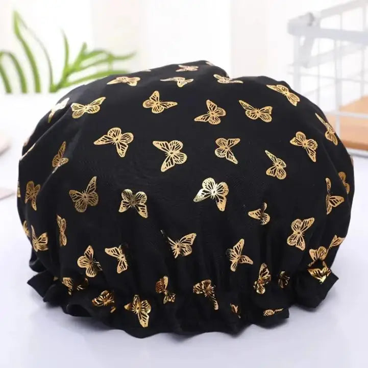 Waterproof Shower Cap Hot Stamping Printed Polyester Cotton Bath Cap Double Layer for Women Shower Bath Washing Hair