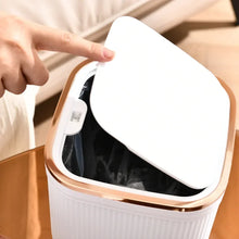 Square Press Type Mini Trash Can Quiet Close Elegant Ribbed Design with Golden Accents Plastic Desktop Bin Bathroom Home Use