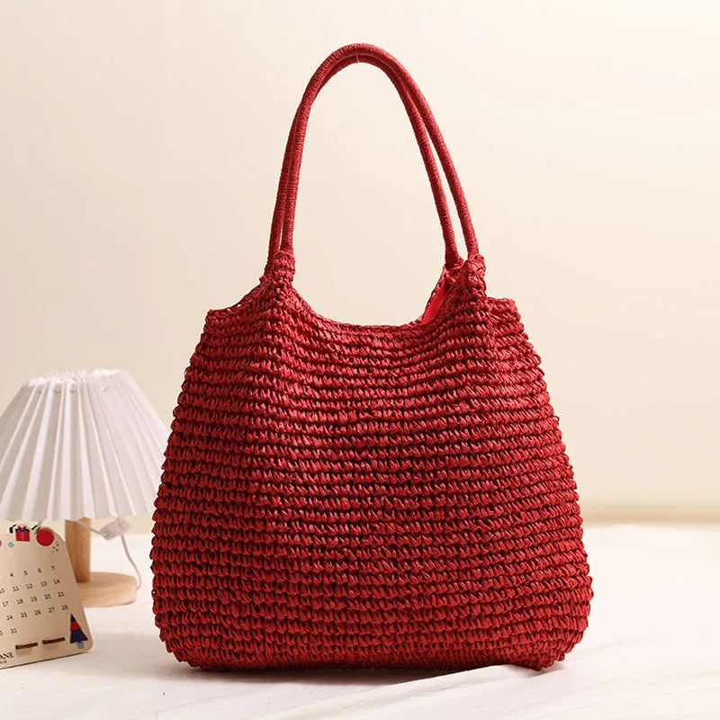 Fashion Straw Tote Bag Woven Solid Color Beach Bag Large Capacity Square Casual Shoulder Bag Women Handbag Bolsa Feminina
