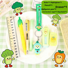 New Product Set: Creative Series of Cute Stationery Sets with Vegetables and Fruits, Including Gel Pens, Rulers, Eraser Keychains, Utility Knives, Cutting Scissors, High-Quality Study Supplies, Student Reward Gifts, DIY Journ