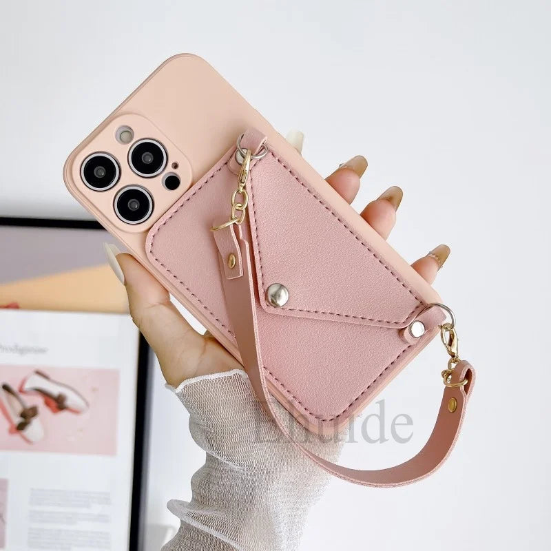 Wrist Strap Case For iPhone 16 14 13 Pro Max 12 Mini 11 Pro X XS Max 7 8 15 Plus Shockproof Wallet Card Silicone Handbag Cover