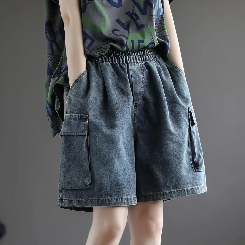 2024 Spring Summer Oversized Women's Korean Elastic High Waisted Patchwork Pocket Loose Distressed Casual Wide-leg Denim Shorts