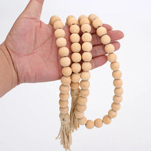 Natural Wood Bead Garland with Tassels, Boho Farmhouse Home Decor, Rustic Wooden Beads String for Wall Table Decor